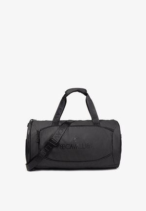 Sac de sport noir en matériau durable, avec deux poignées et une sangle réglable, logo en relief et compartiments zippés.