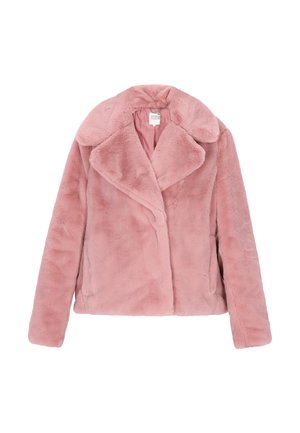 Roze neplederen jas met een kraag, lange mouwen en een licht cropped ontwerp. Zachte textuur zonder zichtbare hardware of patronen.