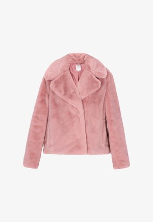 Roze neplederen jas met een kraag, lange mouwen en een licht cropped ontwerp. Zachte textuur zonder zichtbare hardware of patronen.