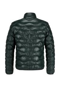 Dunkelgrüne, gepolsterte Jacke mit gestepptem Muster und hohem Kragen. Besitzt ein glattes, lederähnliches Material und dezente Markenlogoprints auf dem Rücken.