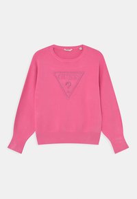 Rosa stickad sweatshirt med rund halsringning, långa ärmar och en triangelikon med stålliknande detaljer på framsidan.