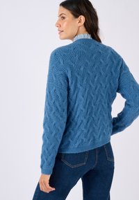 Maglione blu lavorato a maglia con motivo a treccia, texture morbida, collo rotondo e polsi a coste. Indossato sopra una camicia con colletto, abbinato a jeans scuri.