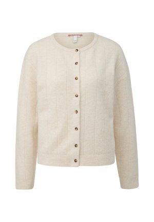 Knit cream cardigan with ribbed texture, round neckline, and front button closure featuring brown buttons. Long sleeves and hip-length.