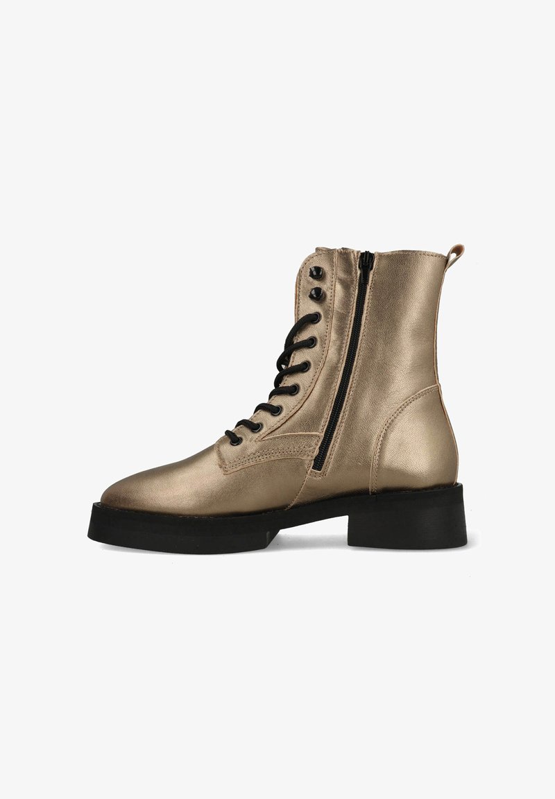 Metallic gold ankle boot with a rounded toe, lace-up front, side zipper, and black sole. Features stitched accents and black eyelets.