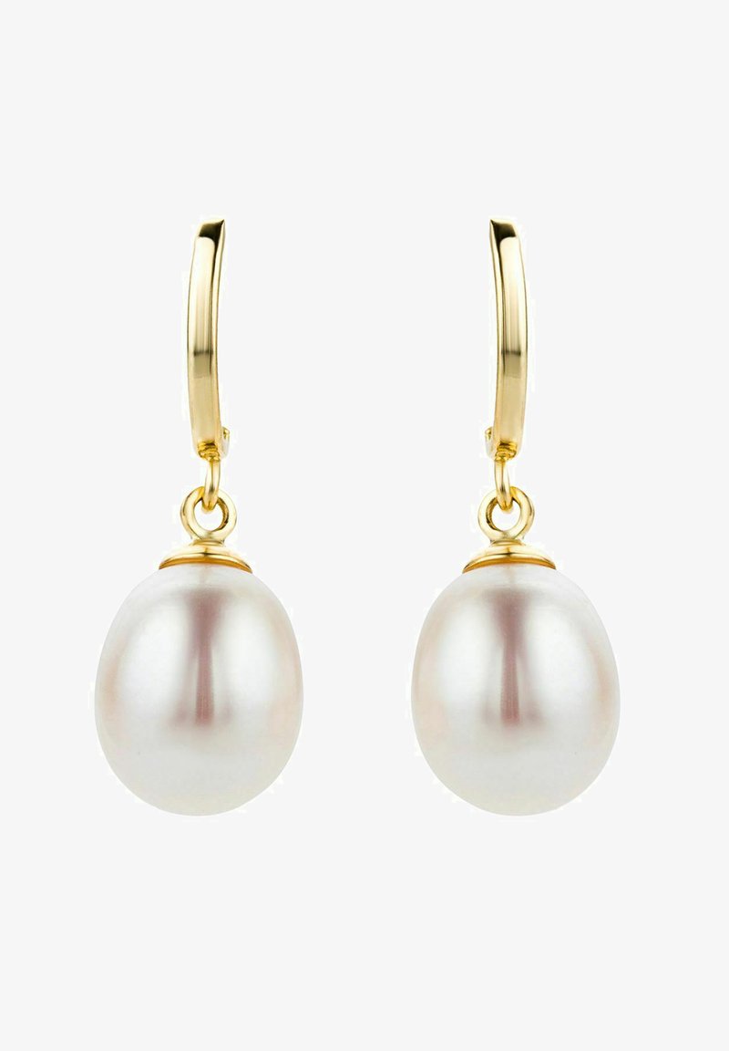 Aukso įvorės auskarai su didelėmis, lygiomis, baltomis perlų. Perlai turi blizgų paviršių ir yra pakabinti ant suktuko.