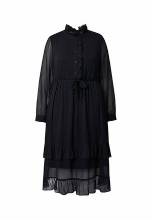 Vestito nero con maniche lunghe trasparenti, scollatura arricciata e bottoni lungo la parte frontale. Presenta una vita legata e un orlo a strati con volant.