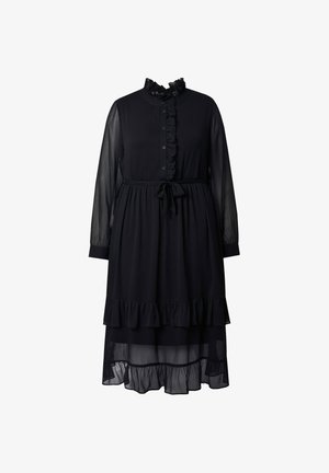 Black dress with long sheer sleeves, ruffled neckline, and buttons down the front. Features a tied waist and layered frill hem.
