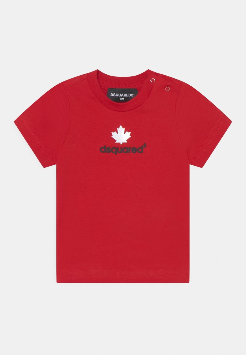 T-shirt bébé rouge à manches courtes avec feuille d'érable blanche et logo "dsquared²", boutons-pression à l'épaule pour un habillage facile.