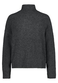 Dunkelgrauer Rollkragenpullover aus weichem, strukturiertem Stoff. Hat einen gerippten Kragen und Bündchen, mit einer lockeren, entspannten Passform.