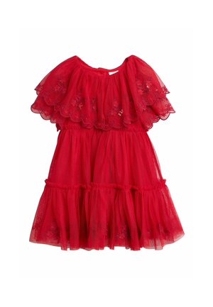 Rotes, mehrlagiges Tüllkleid mit gewelltem Carmen-Ausschnitt und floraler Stickerei, mit gestuften Rüschen am Rock.