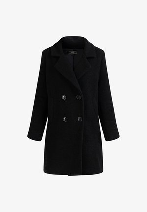 Čierny vlnený kabát s dvojradovým dizajnom, vykrojeným golierom, dvoma prednými vreckami a čiernymi gombíkmi. Textúra sa zdá byť mäkká a teplá.