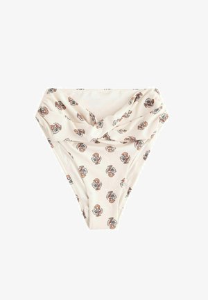 Kalhotky bikin s vysokým pasem vyrobené z jemné krémové tkaniny s květinovým vzorem v oranžové a modré barvě, s propleteným detailem vpředu.