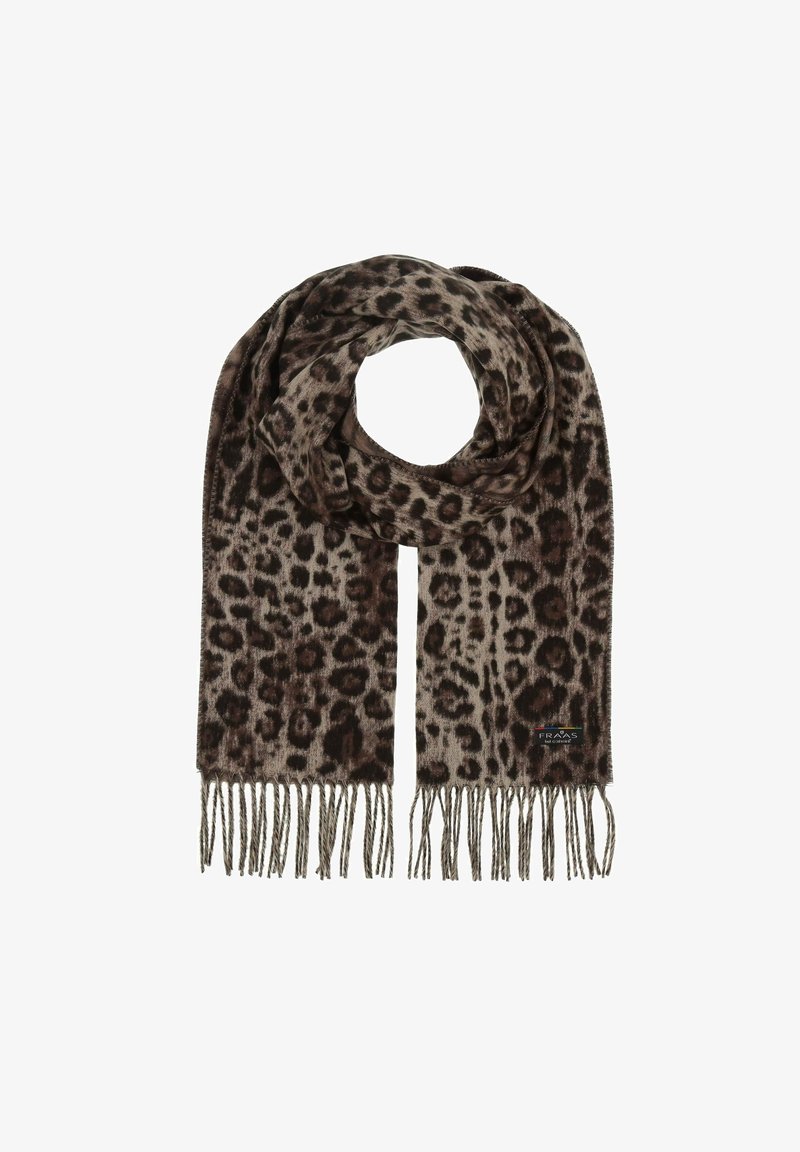 Sciarpa con stampa leopardata in tonalità marroni e beige. Realizzata in materiale morbido con bordi frangiati. Presenta un'etichetta con il marchio.