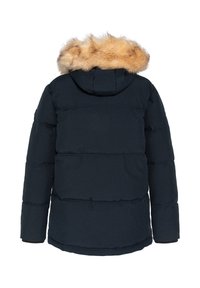 Chaqueta negra acolchada con capucha forrada de pelo sintético. Presenta costuras horizontales, mangas largas y puños elásticos. Vista trasera.