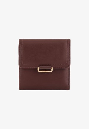 Brown leather wallet with a flat design, featuring a gold-tone clasp and detailed stitching. Compact shape ideal for easy storage.