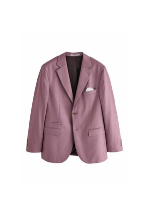 Hellvioletter Blazer mit einem Knopf, Kerbkragen, drei vorderen Taschen, darunter eine mit einem weißen Einstecktuch, und brauner Fütterung.