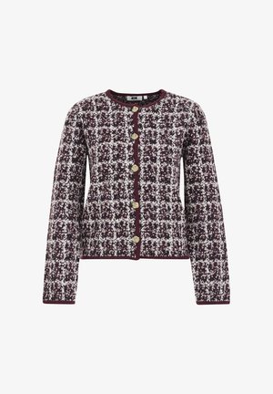 Burgundská a bílá vzorovaná kardigán s dlouhými rukávy, kulatým výstřihem a pěti zlatými knoflíkovými zapínáními vpředu. Měkká textilní látka.