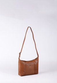 Brown leather shoulder bag with adjustable strap and front pocket embossed with a small logo against a plain light background.
