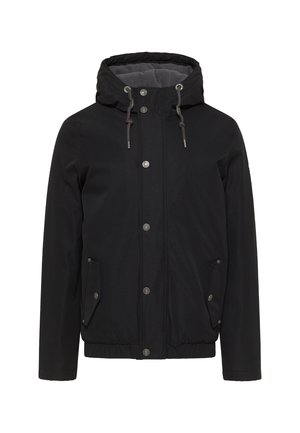 Schwarze wasserdichte Jacke mit Kapuze, Druckknöpfen und Kordelzug-Details. Verfügt über zwei Seitentaschen und eine glatte Textur.
