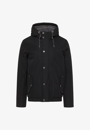 Schwarze wasserdichte Jacke mit Kapuze, Druckknöpfen und Kordelzug-Details. Verfügt über zwei Seitentaschen und eine glatte Textur.
