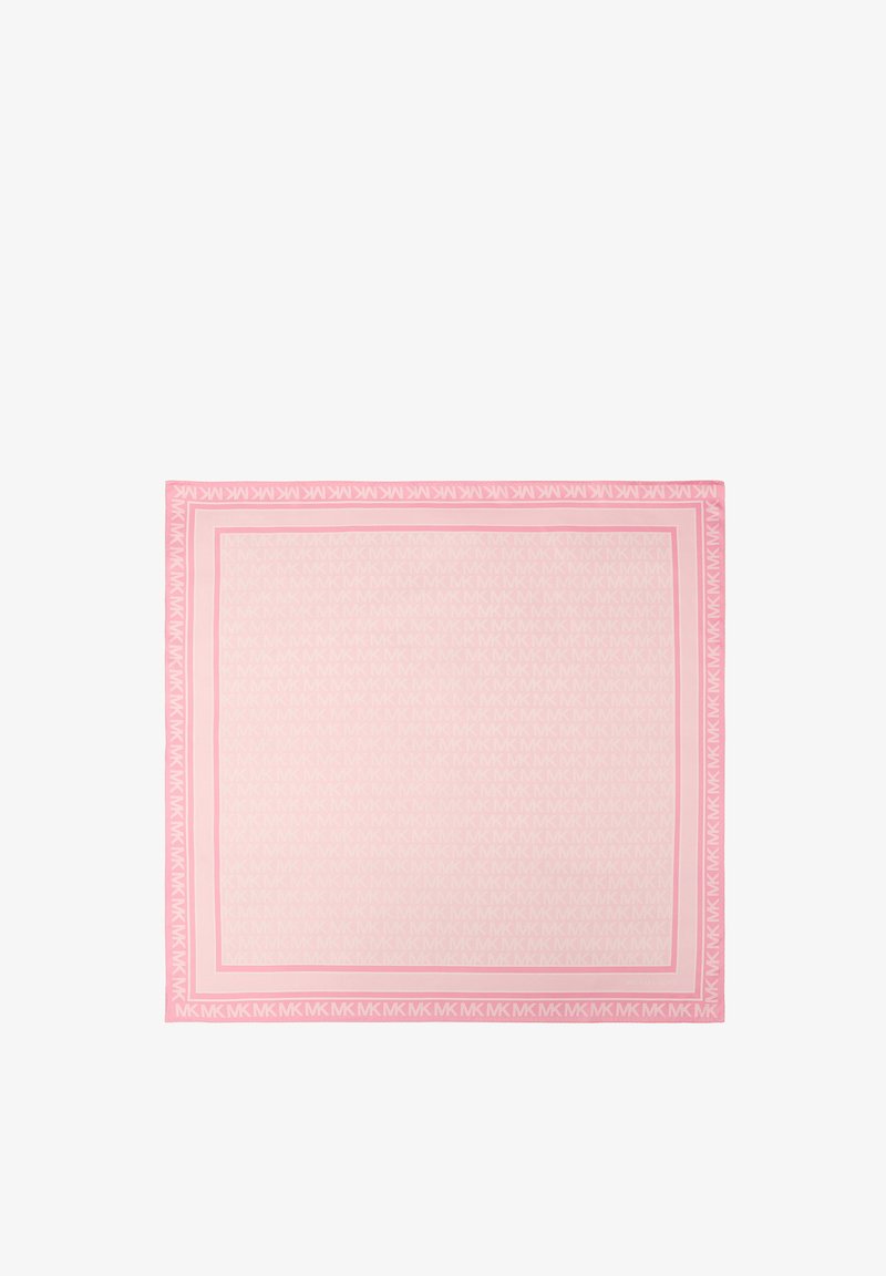 Carré en soie rose clair avec motif répété "MK" au centre et bordure rose foncé présentant les initiales "MK" tout autour.