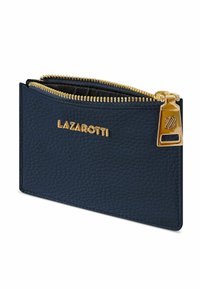 Portafoglio in pelle blu navy con zip dorata e placca. Finitura testurizzata, forma rettangolare compatta, con logo visibile sul fronte.