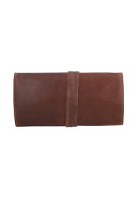 Portefeuille en cuir marron avec une texture lisse, design plié et deux sangles horizontales. Bords cousus et apparence épurée et minimaliste.
