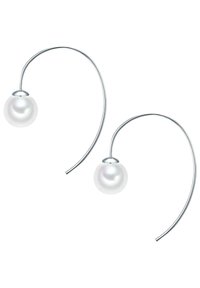 Silver earrings with a curved design, featuring two white pearls suspended at the end of each hook. Smooth texture with polished finish.