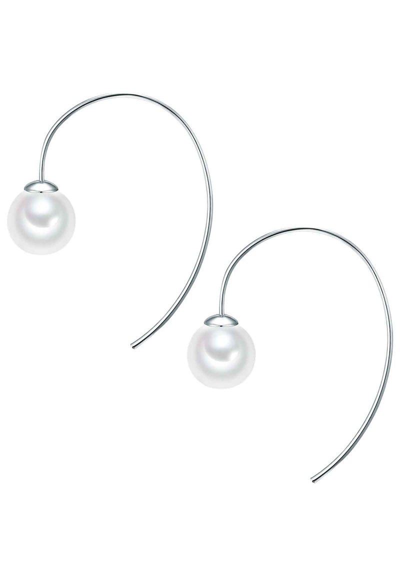 Silver earrings with a curved design, featuring two white pearls suspended at the end of each hook. Smooth texture with polished finish.