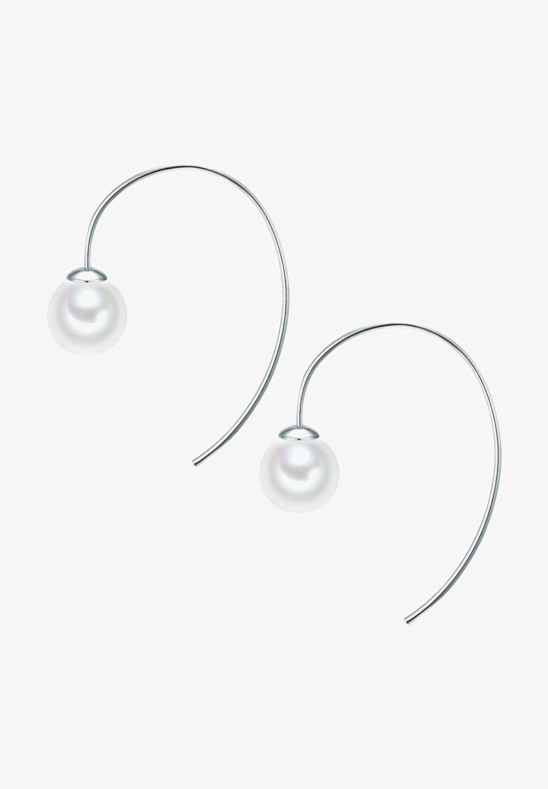 Silver earrings with a curved design, featuring two white pearls suspended at the end of each hook. Smooth texture with polished finish.