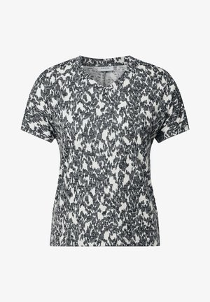 Kurzärmliges graues und weißes T-Shirt mit V-Ausschnitt, das ein strukturiertes abstraktes Muster im gesamten Stoff aufweist. Markenetikett sichtbar.