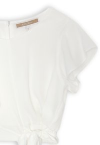 Blusa bianca a maniche corte con scollatura rotonda, orlo elastico con dettaglio a fiocco in vita, e tessuto a trama liscia.
