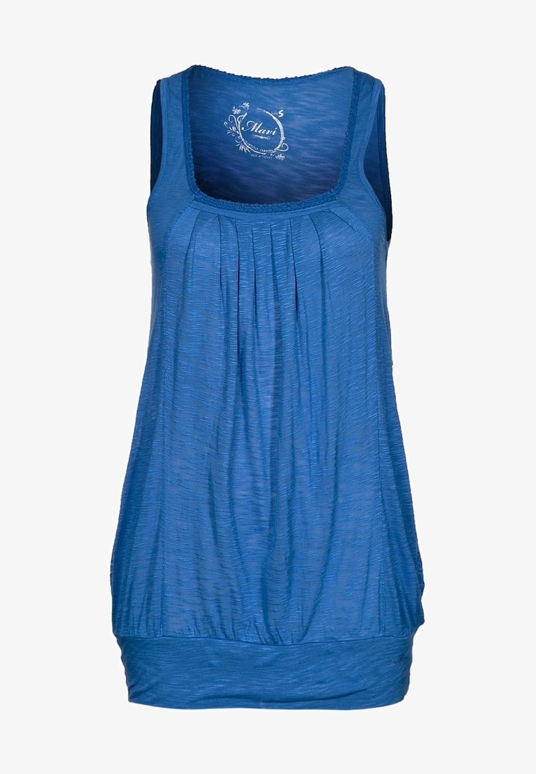 Top bleu sans manches pour femme avec devant plissé, encolure dégagée et ceinture ajustée en tissu léger et texturé.