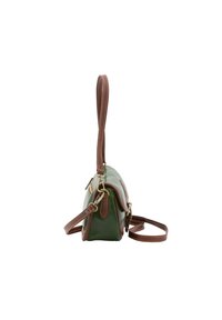 Groene leren handtas met bruine leren accenten, gebogen vorm, afneembare schouderband en gouden hardware-details.