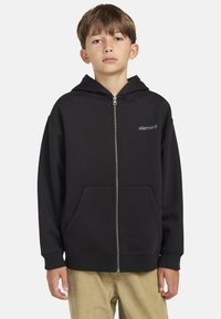 Sudadera con cremallera negra, capucha ajustable, bolsillos frontales, puños acanalados y logo "element" en gris en la parte izquierda del pecho.