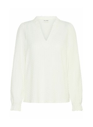 Vit långärmad blus med strukturerad tyg, V-ringning, gathered cuffs och en något lös passform. Har subtila sömdetaljer.