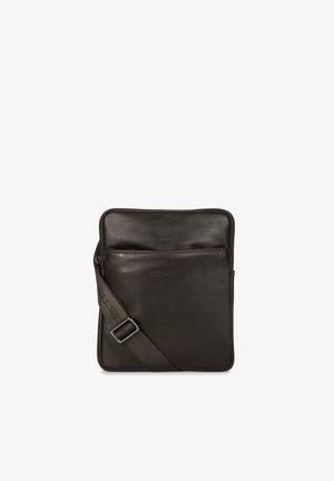 Sac messager en cuir marron foncé, au design plat, avec fermeture éclair, strap réglable et poche zippée à l'avant pour plus de fonctionnalité.