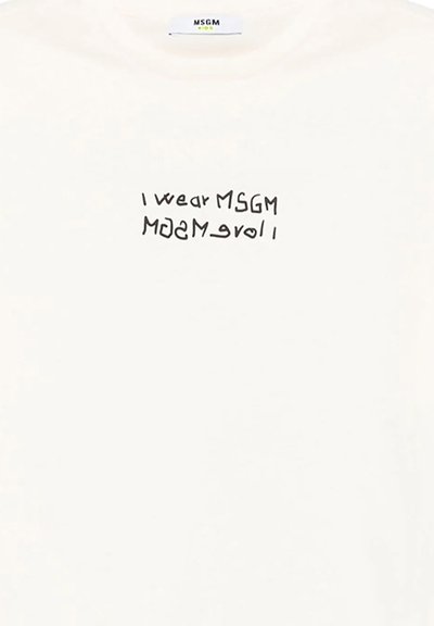 Maglietta bianca con testo nero scritto a mano "I wear MSGM" e la sua versione speculare sotto il centro del testo.