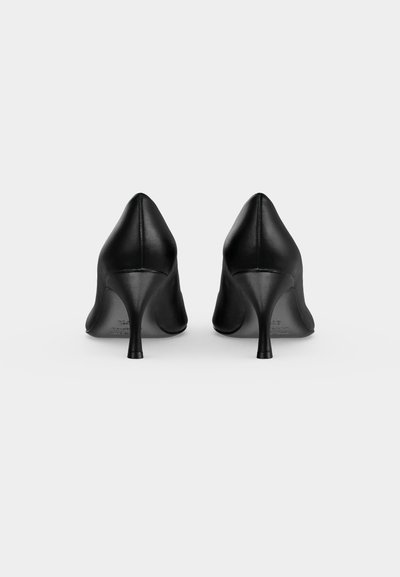Paire de chaussures à talons hauts en cuir noir vues de dos avec des talons fins sur un fond uni gris clair.