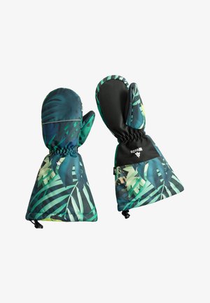Zielone i niebieskie rękawice z tropikalnym wzorem liści, z czarną bazą i elastycznymi mankietami dla lepszego dopasowania. Zawierają teksturowaną dłonią dla lepszej przyczepności.