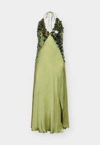 Halter-neck dress in light green with sequined bodice and satin skirt, featuring a deep V-neck and a side slit, smooth texture.