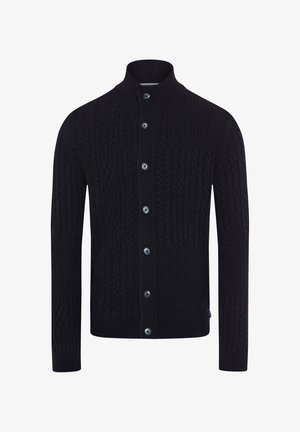 Gilet en maille noir avec un col montant, doté d'un motif en cable, de manches longues et de six boutons ronds bleus.