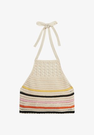 Crochet halter top in cream, featuring multicolored horizontal stripes in yellow, pink, orange, and black. Ties at the neck.