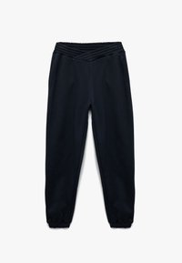 Mørk marineblå sweatpants med en tekstureret elastisk talje, to sidelommer og tætsiddende manchetter ved anklerne. Blødt, glat stof.