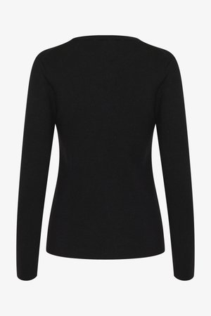 Pulover negru cu mânecă lungă, cu decolteu rotund și o siluetă ajustată. Fabricat dintr-un material neted și moale, fără modele sau accente vizibile.