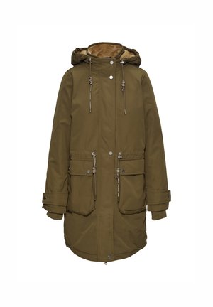 Parka vert olive avec une capuche doublée en fausse fourrure, deux poches avant, taille à cordon de serrage et poignets côtelés pour plus de chaleur.