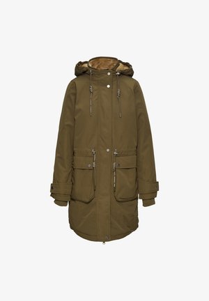Maslinasta parka jakna s kapuljačom oblaženom umjetnim krznom, dva prednja džepa, elastičnu sredinu s podesivom špagom i rebraste manšete za dodatnu toplinu.