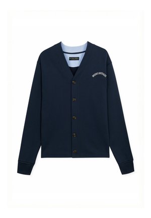 Cardigan blu navy con bottoni, maniche lunghe e scritta "Brooks Brothers" sul petto a sinistra.