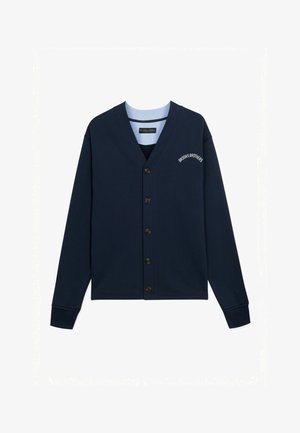 Cardigan blu navy con bottoni, maniche lunghe e scritta "Brooks Brothers" sul petto a sinistra.