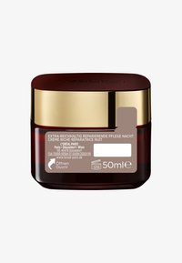 Röd glasburk med guldock, märkt "L'Oréal Paris." Innehåller 50 ml kräm, med texturerad yta och rundade kanter.